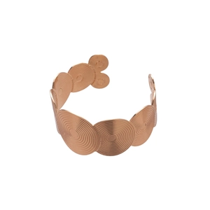 Rose gold geometric open bangle with concentric spiral texture and overlapping discs