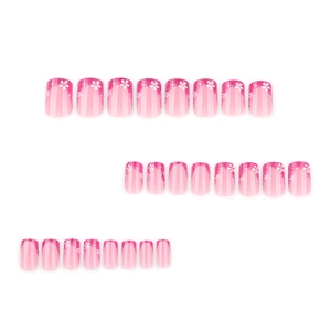 Pink gradient fake nails with rose red glitter and white flower patterns, square shape