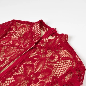 Close-up of red lace dress detailing with intricate patterns and a back zipper closure