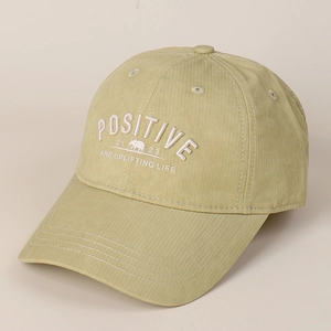 Détail de la casquette de baseball vert clair avec broderie POSITIVE et petit éléphant