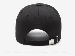 Rear view of black baseball cap showing the adjustable silver metal buckle and strap
