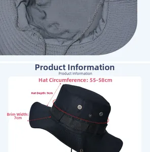 Vue détaillée d'un chapeau de soleil à large bord avec dimensions et tissu ripstop