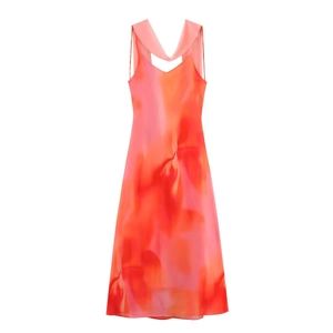 Women Abstract Gradient Print Maxi Dress Chiffon Sleeveless Scarf Neck Tie V-Neck Elegant Party Dress