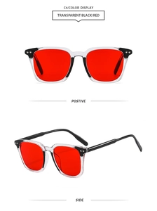Detail view of square frame sunglasses in transparent black with vibrant red lenses