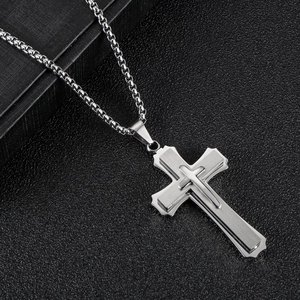 Polished silver stainless steel double layer cross pendant necklace for men and women
