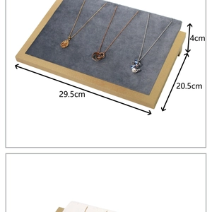 Gray velvet jewelry tray with gold frame showing dimensions of 29.5x20.5x4 cm