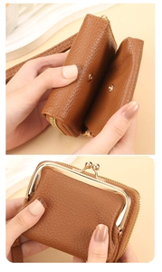 Close-up of brown lychee grain leather card holder with vintage metal clasp and strap