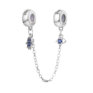 S925 silver Hamsa and Evil Eye safety chain charm with blue zircon for bracelets