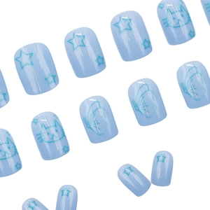 Blue cat and star press-on nails with cute cartoon patterns in a glossy square-oval shape