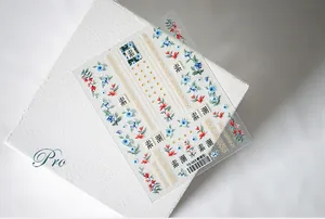 Detailed 5D nail art stickers with red and blue floral motifs and gold accents
