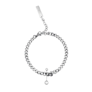 Minimalist silver stainless steel ball bracelet with Cuban chain and bead tassel pendant