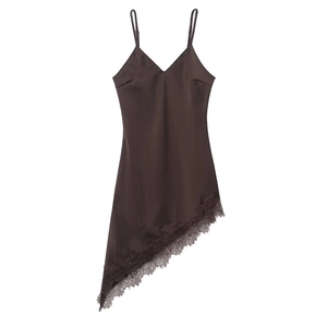 Women Satin Spaghetti Strap Dress V Neck Asymmetrical Lace Trim Elegant Sexy Midi Evening Slip Dress