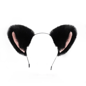 Handmade black cat ear headband with pink inner lining and soft faux fur for lolita style
