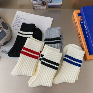 Thick combed cotton crew socks for women with vintage ribbed stripes in various colors