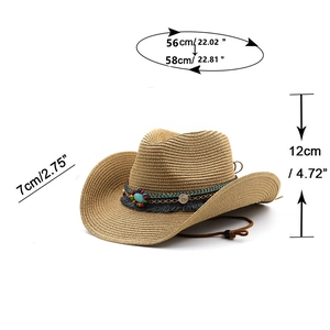 Straw cowboy sun hat with ethnic turquoise beads and dimensions of 56-58cm head circumference