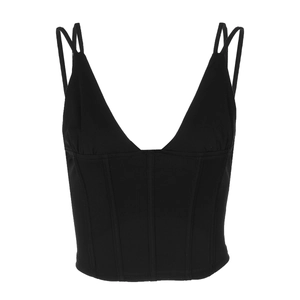 Detail of black deep V-neck corset top with structured boning and thin straps