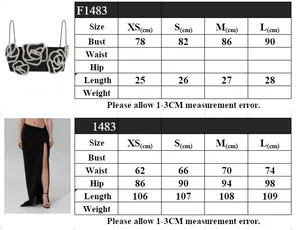Size chart showing bust and length measurements for the rhinestone camisole and maxi skirt set