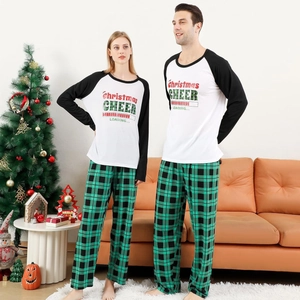 Christmas letter print pajama set with raglan top and green plaid pants for home