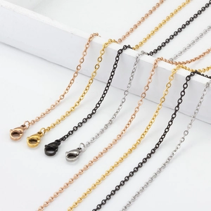 Detail of 2mm O-chain necklaces in gold, silver, rose gold, and black with lobster clasps