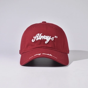 Detailaufnahme der Always-Stickerei und stay awake Schrift am Schirm der roten Kappe