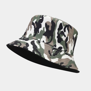 Unisex camouflage bucket hat with wide brim and reversible black lining for outdoor sun protection