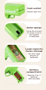 Features of green toy money gun including cash outlet, roller, storage and battery box