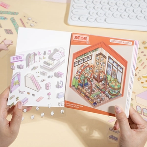 DIY miniature scene sticker book featuring 3D house themes and cute PET stickers