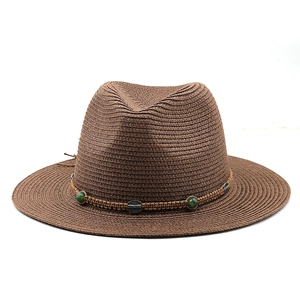 Bohemian dark brown wide-brim straw hat with green beads and vintage metal decor