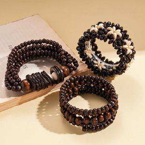 Multilayer bohemian coconut wood bead bracelet set in vintage natural wood tones