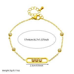 Elegant gold stainless steel bar bracelet with three sparkling zircons for women