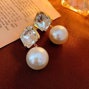 Geometric Square Rhinestone Imitation Artificial Pearl Dangle Earrings With Silver Earring Post Retro French Luxury Jewelry For Women