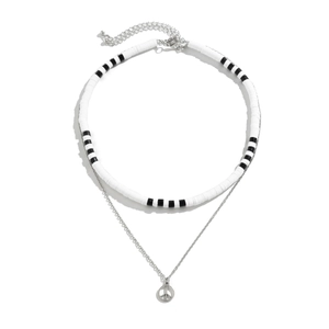 Double-layered men's necklace with silver peace sign pendant and black-white clay beads