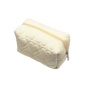 Creamy white heart quilted velvet pencil case with large capacity and zipper closure