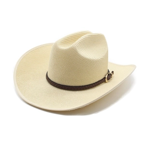 Detail of cream straw cowboy hat with woven brown leather band and gold buckle
