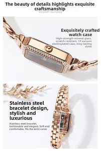 Detail view of the rose gold square watch case and polished steel bracelet links