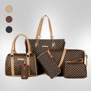 Women PU Leather Tote Handbag Crossbody Bag Clutch Wallet Key Pouch Geometric Pattern Vintage Style Gold Hardware