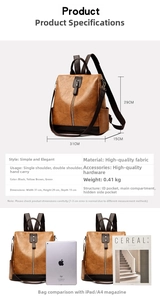 Detailed dimensions of brown leather backpack shown next to iPad and A4 magazine
