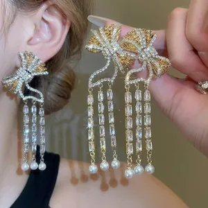 Bowknot Long Tassel Dangle Earrings With Zircon Faux Artificial Pearl And Silver Earring Post Vintage Palace Style Elegant For Women