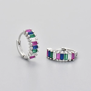 Silver rectangular multi-color zircon hoop earrings with crystal inlay on grey background