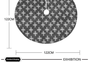 Detail of 122cm grey plush Christmas tree skirt with white snowflake patterns and ties