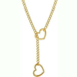 Golden stainless steel lariat necklace featuring two hollow heart pendants in Y-shape style