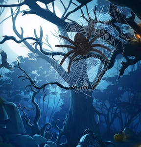 Glittery black Halloween spider prop placed on white spider web with spooky forest background