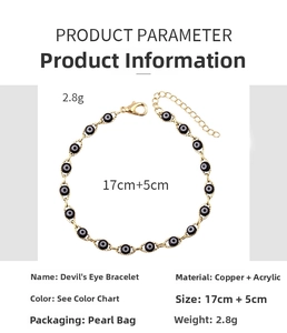 Detailed specs of Evil Eye bracelet made of copper and acrylic with 17cm gold chain