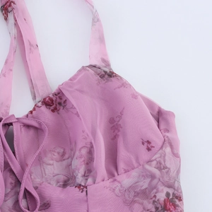 Floral organza halter dress with vintage angel print and pink tie-front detail
