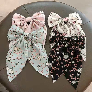 Large Floral Bow Hair Clip Chiffon Fabric Long Streamers Duckbill Clip Sweet Pastoral Style Hair Accessories