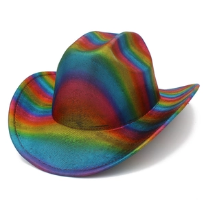 Detailed view of vibrant rainbow stripe gradient texture on wool cowboy party hat
