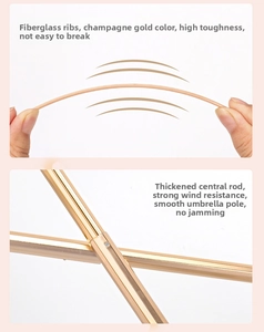 Detail of durable champagne gold fiberglass umbrella ribs and reinforced center pole design