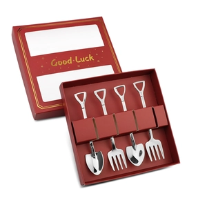4-piece stainless steel shovel spoon and fork set in a luxury red and gold gift box