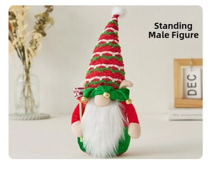 Detailed close-up of a standing male Christmas gnome plush with red and green stripes