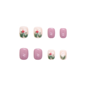 Short square purple and white press-on nails with delicate tulip floral nail art designs
